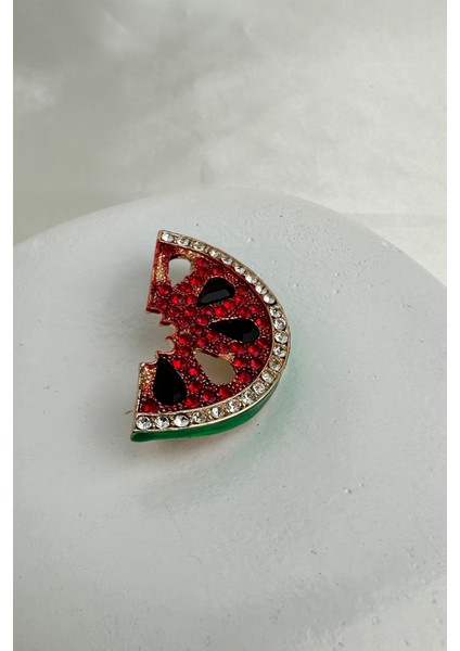 Altın Sarısı Kırmızı Taşlı Karpuz Broş (4cm)