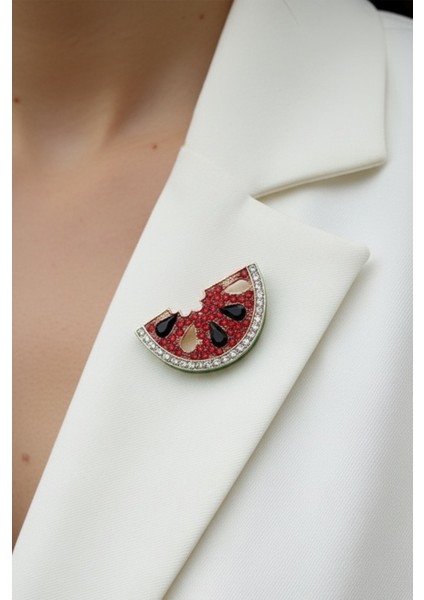 Altın Sarısı Kırmızı Taşlı Karpuz Broş (4cm) modelleri