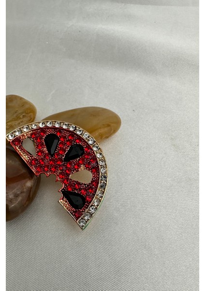 Altın Sarısı Kırmızı Taşlı Karpuz Broş (4cm) fırsatları