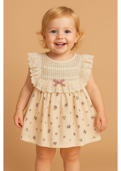 Kız Bebek Vintage Zarif Dantel Yaka Detaylı Çiçek Desenli Elbise Yazlık Şık Model 3-6-9-12-18-24AY