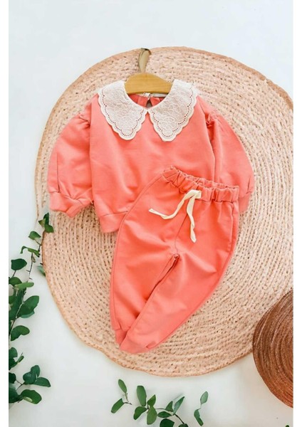 Kız Çocuk Brode Yakalı Lastikli Paça Baskısız Fırfır Detaylı Oversize Ikili Alt Üst Çocuk Takımı