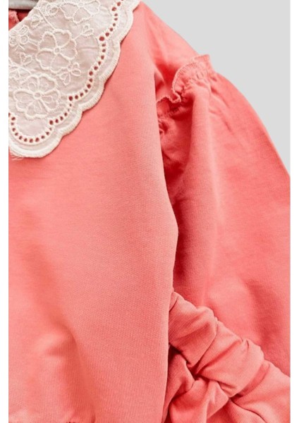 Kız Çocuk Brode Yakalı Lastikli Paça Baskısız Fırfır Detaylı Oversize Ikili Alt Üst Çocuk Takımı modelleri