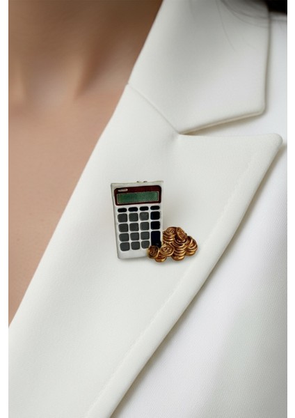 Beyaz Hesap Makinesi Para Detaylı Broş (3cm)