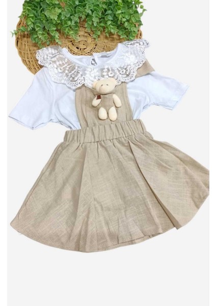 Kız Çocuk Dantelli Badili + Ayıcıklı Keten Jile Elbise 2'li Takım Ayarlanabilir Askılıklı Bayramlık