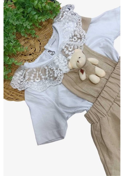 Kız Çocuk Dantelli Badili + Ayıcıklı Keten Jile Elbise 2'li Takım Ayarlanabilir Askılıklı Bayramlık fiyatları