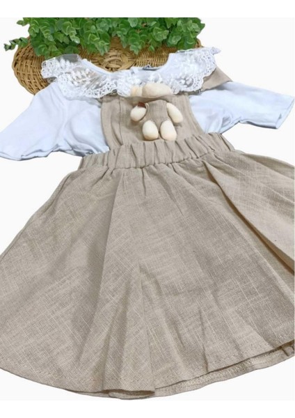 Kız Çocuk Dantelli Badili + Ayıcıklı Keten Jile Elbise 2'li Takım Ayarlanabilir Askılıklı Bayramlık modelleri