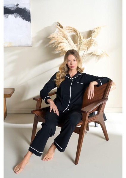 Kadın Penye Süprem Önden Düğmeli Pijama Takımı | Siyah 3101