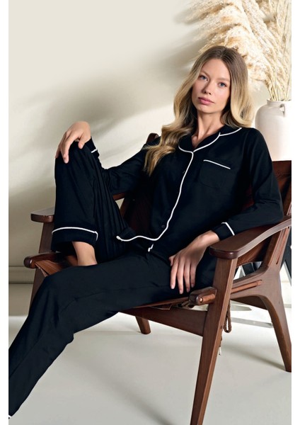 Kadın Penye Süprem Önden Düğmeli Pijama Takımı | Siyah 3101 fiyatları