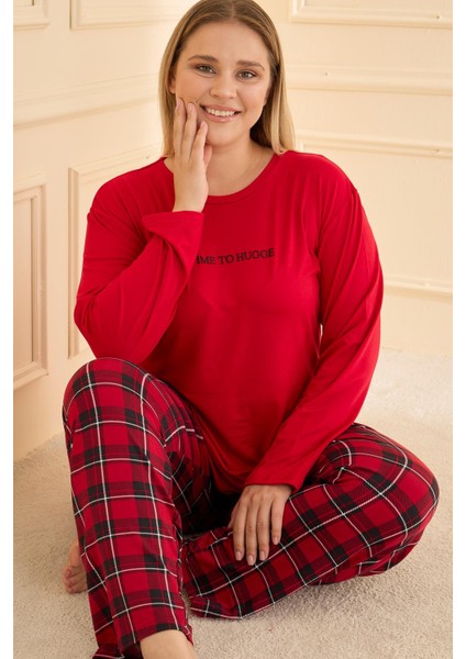 Kadın Milan Battal Bisiklet Yaka Pijama Takım | Kırmızı 50802-2404