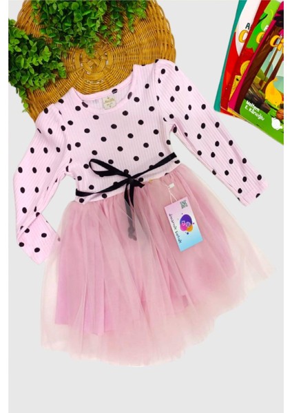 Kız Bebek Çocuk Puantiyeli Prenses Kabarık Tütü Elbise Uzun Kol Esnek Likralı
