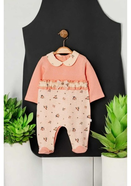 Fırfırlı Fiyonklu Bebe Yaka Patikli Tulum 0-12AY Alttan Çıt Çıtlı