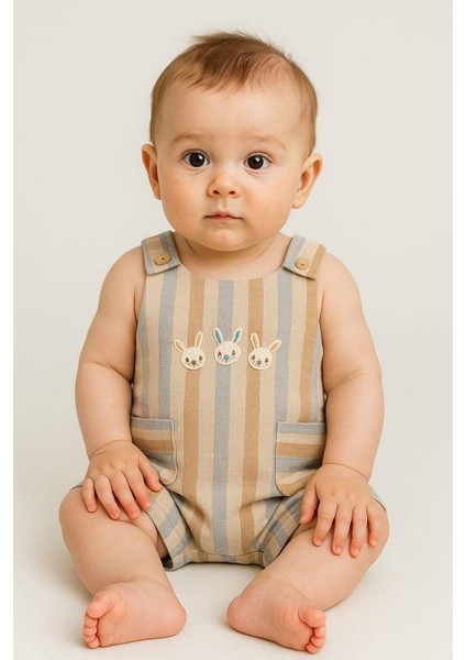 Bebek/çocuk Tavşan Nakışlı Ham Keten Kumaş Tulum Yazlık Kolsuz 0-3-6-9-12AYLIK