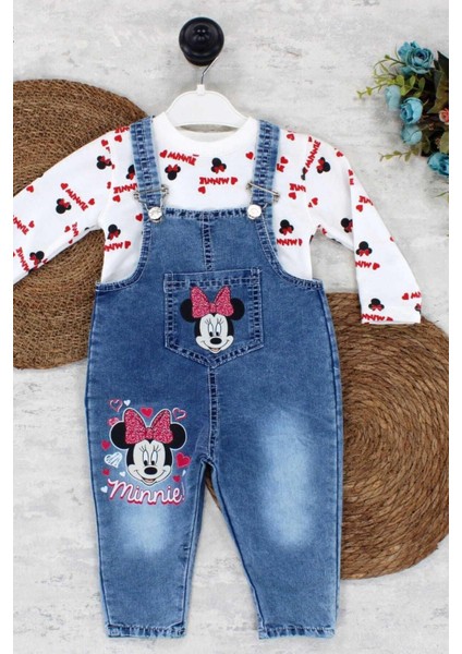 1-4yaş Kız Çocuk Minnie Mouse Badili Baskılı Kot Salopet Tulum 2li Takım Ayarlanabilir Askılı
