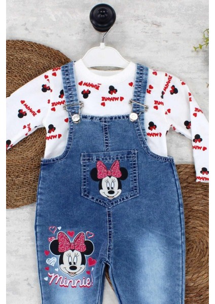 1-4yaş Kız Çocuk Minnie Mouse Badili Baskılı Kot Salopet Tulum 2li Takım Ayarlanabilir Askılı modelleri
