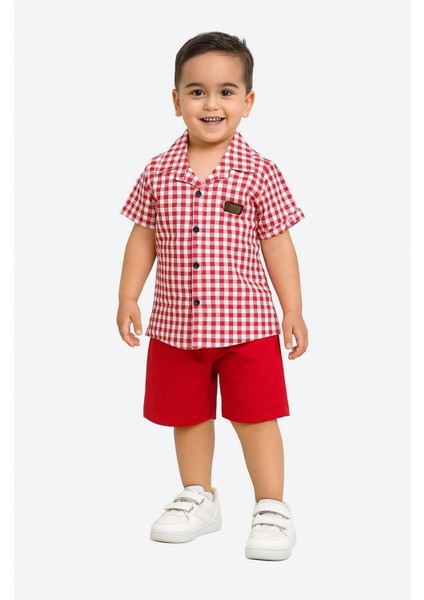 Erkek Çocuk Pitikareli Yazlık Kısa Kollu Gömlek Saten Şortlu 2li Takım Bayramlık Takım (Tam Kalıp)