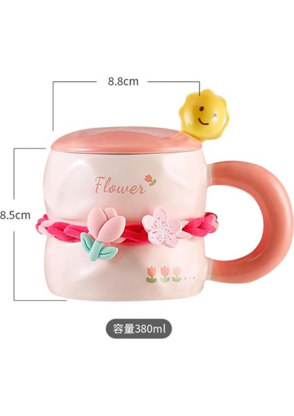 Tatlı Çiçekli Kahve Fincanı 380 ml Kapaklı ve Kaşıklı Seramik Kupa fiyatları