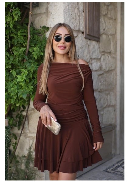 Buketli Kadın Beli Drapeli Eteği Kat Kat Uzun Kollu Sandy Kumaş Mini Elbise modelleri