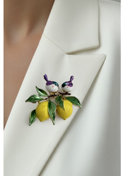 Sarı Limon ve Yaprak Detay Kuşlar Broş (4cm)