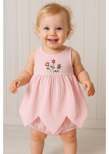 %100 Pamuk Kız Bebek/çocuk Peri Elbise Nakışlı Eteği Parçalı + Külotlu Müslin Organik Takım