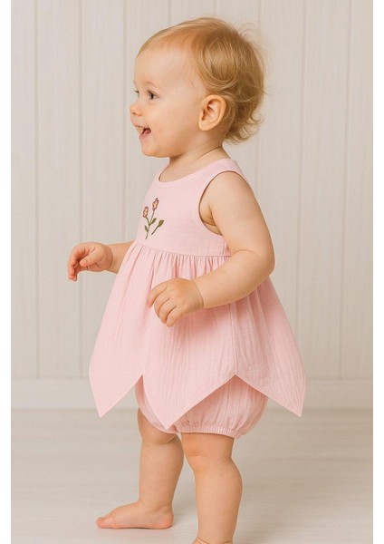 %100 Pamuk Kız Bebek/çocuk Peri Elbise Nakışlı Eteği Parçalı + Külotlu Müslin Organik Takım fiyatları