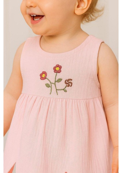 %100 Pamuk Kız Bebek/çocuk Peri Elbise Nakışlı Eteği Parçalı + Külotlu Müslin Organik Takım modelleri