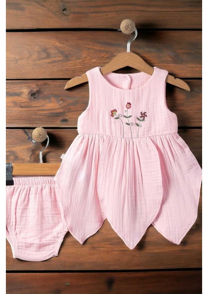 %100 Pamuk Kız Bebek/çocuk Peri Elbise Nakışlı Eteği Parçalı + Külotlu Müslin Organik Takım fırsatları