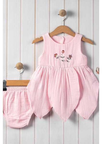 %100 Pamuk Kız Bebek/çocuk Peri Elbise Nakışlı Eteği Parçalı + Külotlu Müslin Organik Takım indirimleri