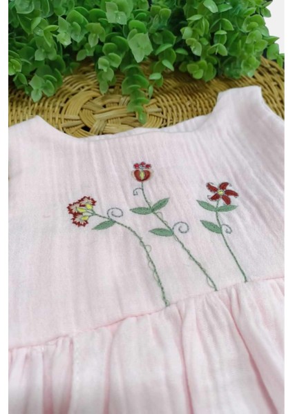 %100 Pamuk Kız Bebek/çocuk Peri Elbise Nakışlı Eteği Parçalı + Külotlu Müslin Organik Takım