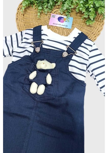 Kız Çocuk Çizgili Badili + Ayıcıklı Jile Likralı Esnek Elbise 2'li Takım Ayarlanabilir Askılıklı fırsatları