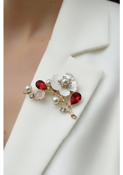 Altın Sarısı Oval Taş Detay Incili Çiçek Motif Broş (6cm)