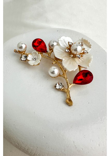 Altın Sarısı Oval Taş Detay Incili Çiçek Motif Broş (6cm) fiyatları