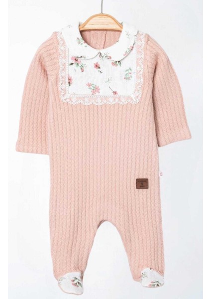 Kız Bebek Patikli Desenli Triko Tulum Alttan Çıtçıtlı Çiçek Müslin Önlü Nakışlı Yenidoğan 0-12AYLIK