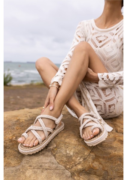 Silves Kadin Bej Hasir Ip Örgulu Eva Sandalet