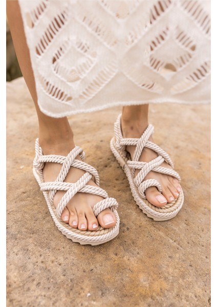 Silves Kadin Bej Hasir Ip Örgulu Eva Sandalet modelleri