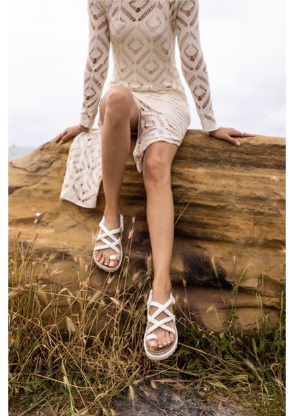 Silves Kadin Bej Hasir Ip Örgulu Eva Sandalet