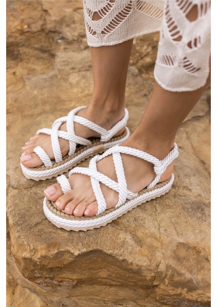 Silves Kadin Bej Hasir Ip Örgulu Eva Sandalet