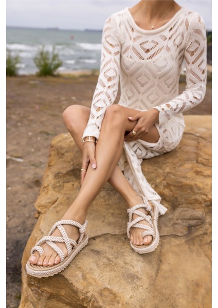 Silves Kadin Bej Hasir Ip Örgulu Eva Sandalet fırsatları