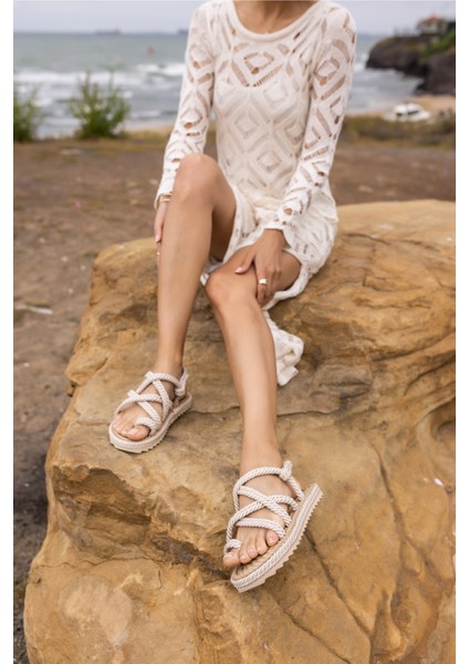 Silves Kadin Bej Hasir Ip Örgulu Eva Sandalet indirimleri