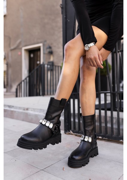 Dady Kadin Siyah Siyah Taş Gercek Deri Postal Bot