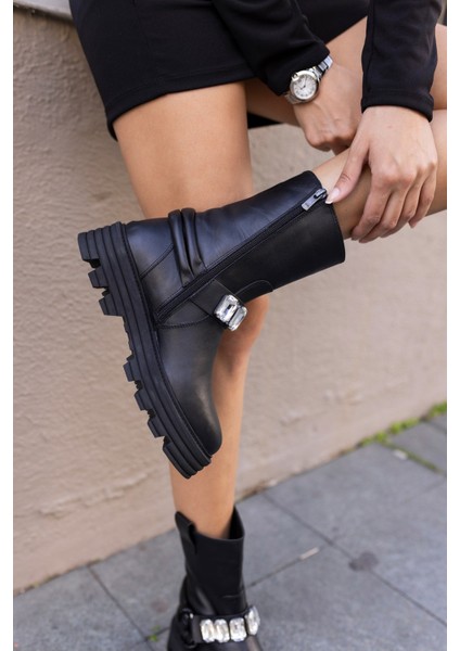 Dady Kadin Siyah Siyah Taş Gercek Deri Postal Bot