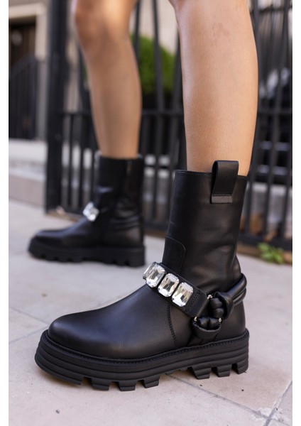 Dady Kadin Siyah Siyah Taş Gercek Deri Postal Bot