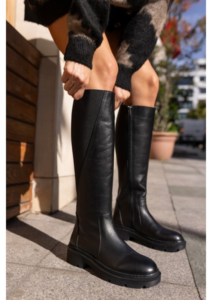 Raye Kadın Siyah Gercek Deri Lastıkli Çizme