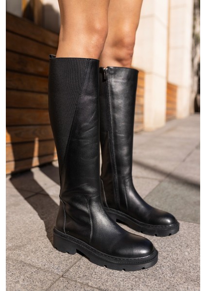 Raye Kadın Siyah Gercek Deri Lastıkli Çizme