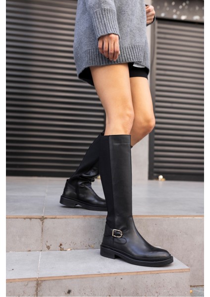 Toby Kadın Siyah Gercek Deri Lastik Detayli Çizme