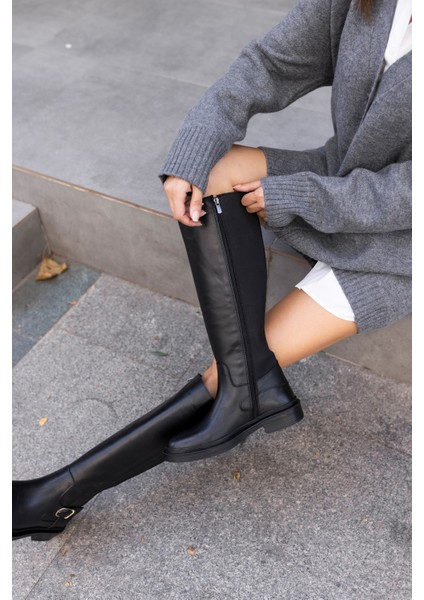 Toby Kadın Siyah Gercek Deri Lastik Detayli Çizme