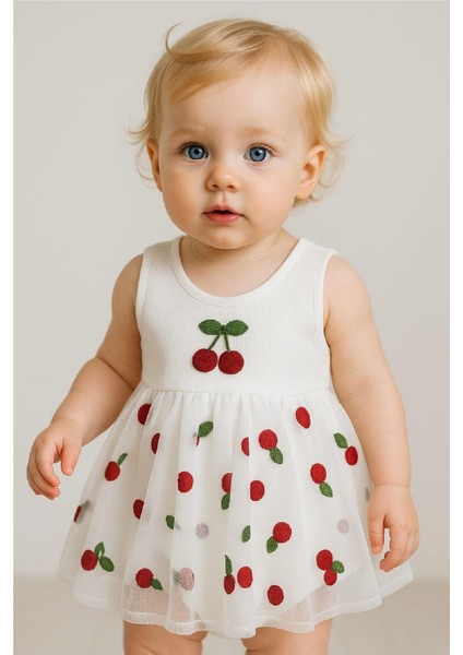 Kirazlı Desenli Tüllü Elbise Üstü Fitilli Kolsuz Yazlık Alttan Çıtçıtlı Bodyli Kız Çocuk