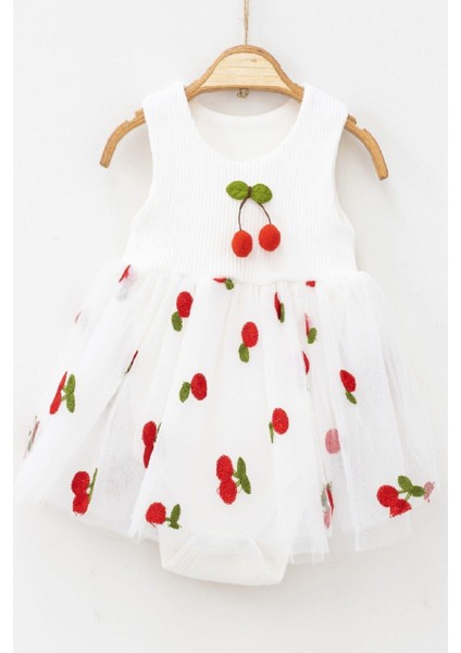 Kirazlı Desenli Tüllü Elbise Üstü Fitilli Kolsuz Yazlık Alttan Çıtçıtlı Bodyli Kız Çocuk modelleri