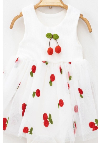 Kirazlı Desenli Tüllü Elbise Üstü Fitilli Kolsuz Yazlık Alttan Çıtçıtlı Bodyli Kız Çocuk fırsatları