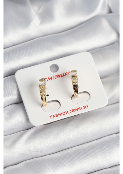 Pirinç Gold Renk Zirkon Taşlı Vintage Kadın Küpe