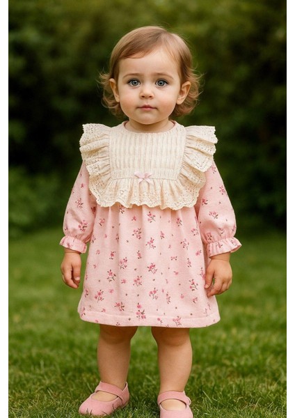 Kız Bebek Dantel Yaka Detaylı Vintage Çiçek Desenli Elbise Mevsimlik Şık Model 3-6-9-12-18-24AY